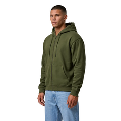 Cotton Brushed Fleece Zipper Hoodie - Olive