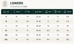 Size chart - lowers. All measurements in inches.