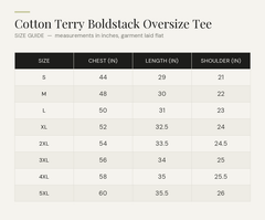Size chart - Cotton Terry Boldstack Oversize Tee. Measurements in inches.