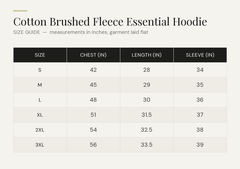 Size chart - Cotton Brushed Fleece Essential Hoodie. Measurements in inches.