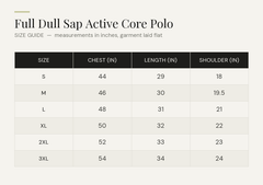 Size chart - Full Dull Sap Active Core Polo. Measurements in inches.