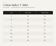 Size chart - Cotton Sinker T-Shirt. Measurements in inches.