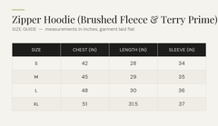 Size chart - Cotton Terry Prime Zipper Hoodie. Measurements in inches.